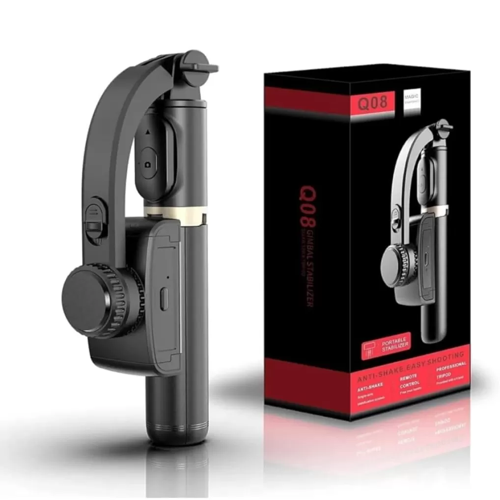 Q08 3-in-1 Phone Gimbal Stabilizer, Retractable Selfie Stick with Tripod Stand, Bluetooth Remote Control, Black