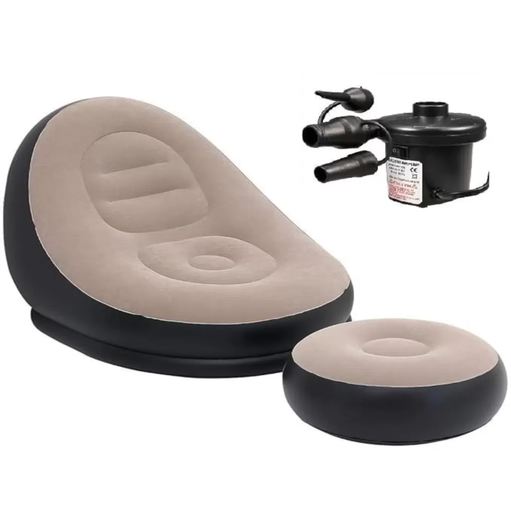 Inflatable Leisure Sofa Chair and Footstool, Outdoor Folding Lounger Flocking Lazy Couch, 2-in-1 Lounge Bed Set Portable Recliner with Air Pump (Gray)